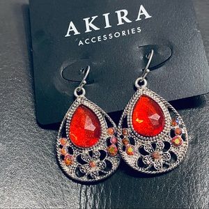 Akira NWT vintage elegant bright blood orange and opal tear drop silver earrings